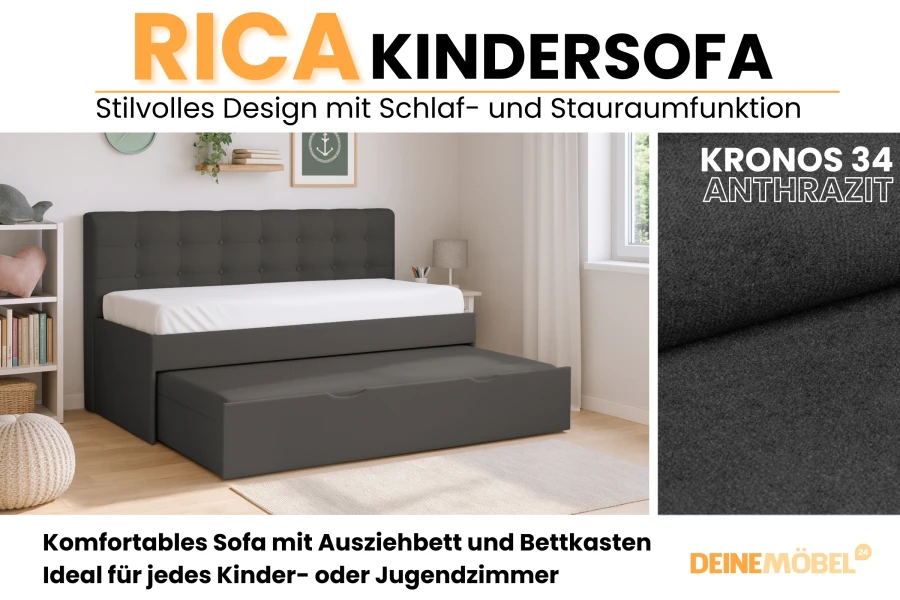 Rica Kindersofa in Anthrazit mit Ausziehbett und Bettkasten für das Kinderzimmer.