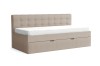 Stilvolles beige Kindersofa mit Bettkasten und Ausziehfunktion auf weißem Hintergrund.