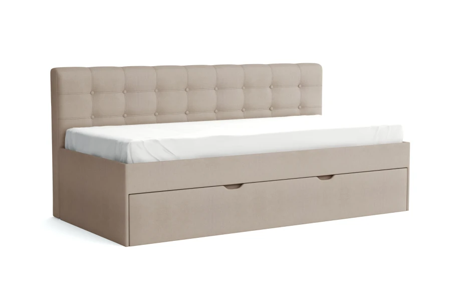 Stilvolles beige Kindersofa mit Bettkasten und Ausziehfunktion auf weißem Hintergrund.