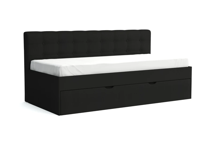 Elegantes schwarzes Polsterbett mit gestepptem Kopfteil und Bettkasten.