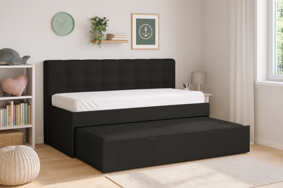 Schwarzes Funktionsbett mit ausziehbarer zweiter Liegefläche im Kinderzimmer.