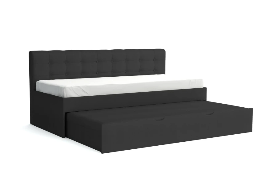 Anthrazitfarbenes Polsterbett mit Gästebett-Funktion und elegantem Stepp-Design.