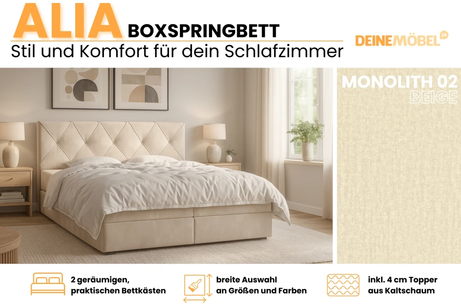 Alia Boxspringbett in Beige mit zwei Bettkästen und Kaltschaum-Topper für maximalen Schlafkomfort.