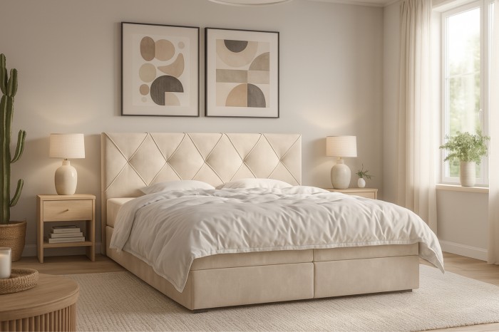 Beiges Boxspringbett mit Rauten-Steppung im hellen, modernen Schlafzimmer.
