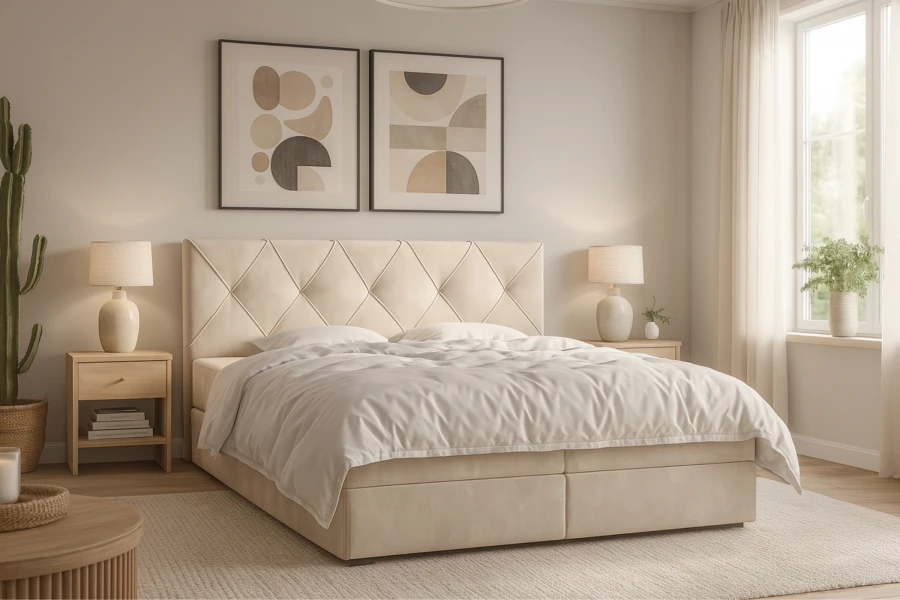 Beiges Boxspringbett mit Rauten-Steppung im hellen, modernen Schlafzimmer.