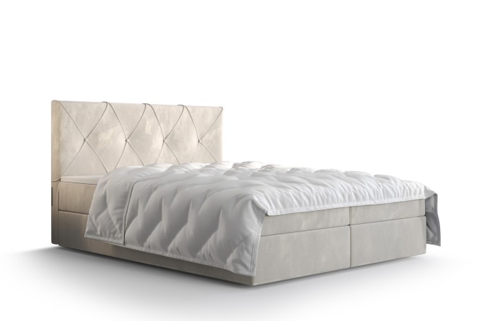 Beiges Boxspringbett mit gestepptem Kopfteil und weißer Bettwäsche auf weißem Hintergrund.