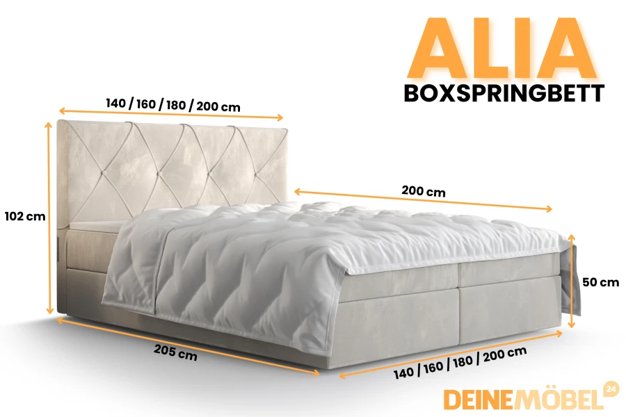 Abmessungen des Alia Boxspringbetts: Detailansicht mit Höhen- und Breitenangaben in Beige.