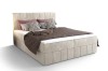 Modernes beige Boxspringbett mit gepolstertem Kopfteil, freigestellt auf weißem Hintergrund.