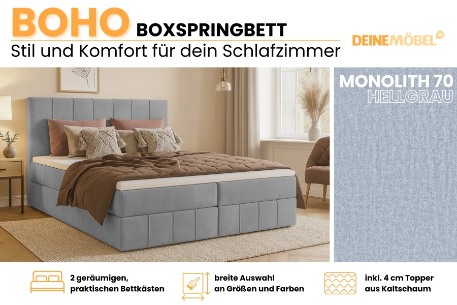 Boho Boxspringbett in Hellgrau mit Bettkasten-Funktion und Kaltschaum-Topper.