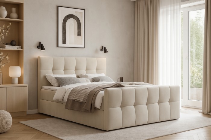 Beiges Boxspringbett mit quadratischer Steppung in modernem Schlafzimmer.
