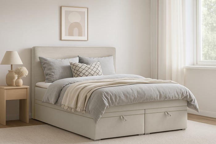 Beiges Boxspringbett mit praktischen Schubladen und gestreiftem Kopfteil in heller Schlafzimmer-Umgebung.