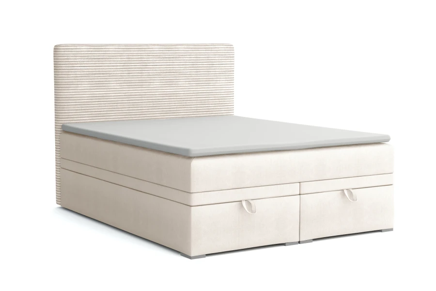Funktionelles Boxspringbett mit integriertem Stauraum und Bettschubladen auf weißem Hintergrund.