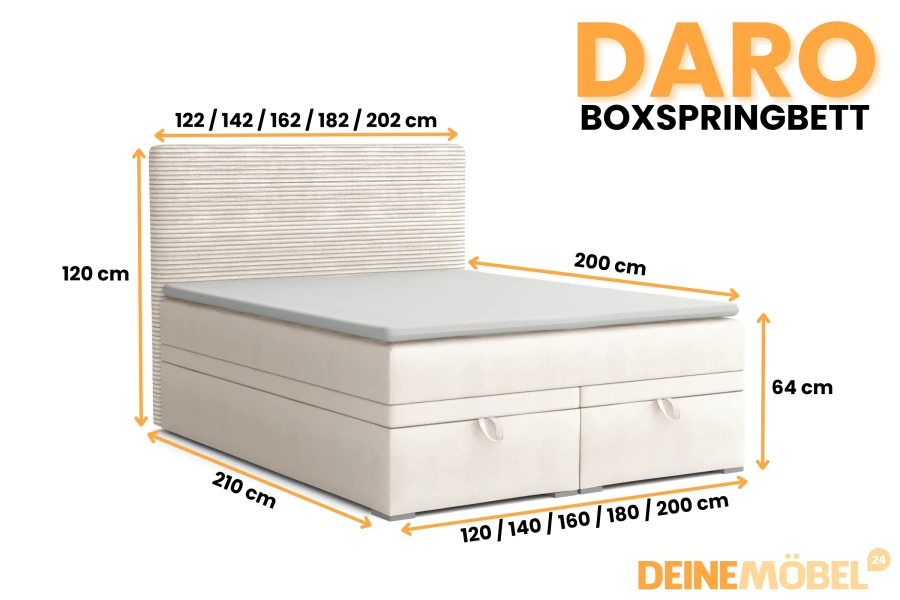 Abmessungen und verfügbare Größen des Boxspringbetts DARO in der Übersicht.