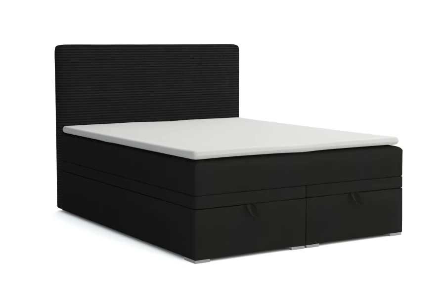Schwarzes Boxspringbett mit Stauraum und weißer Matratze für Schlafzimmer.