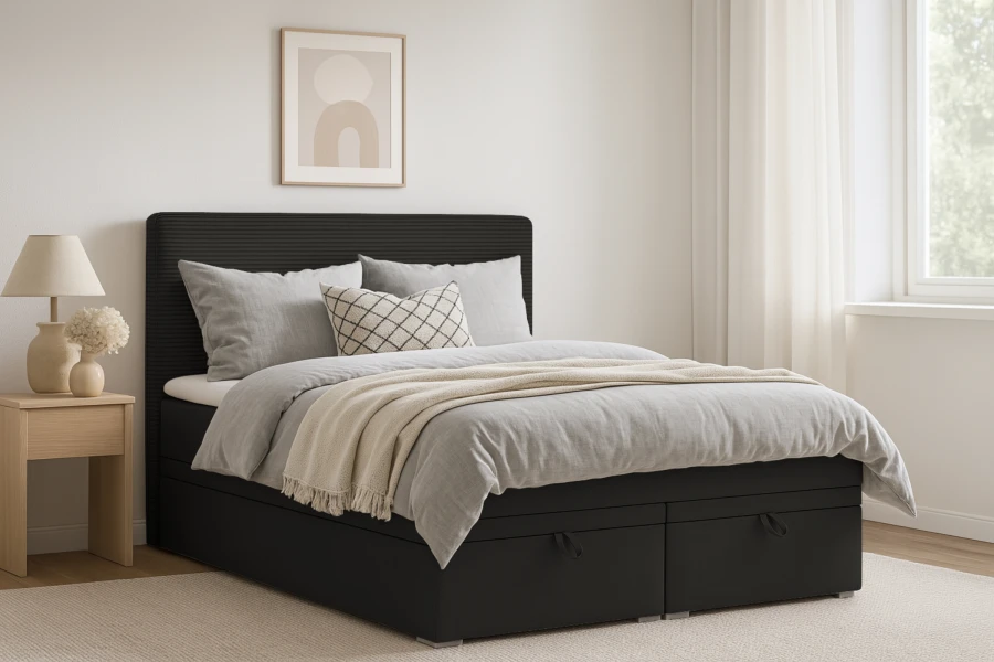 Modernes schwarzes Boxspringbett DARO mit Stauraum und gemütlichem grauem Bettzeug.