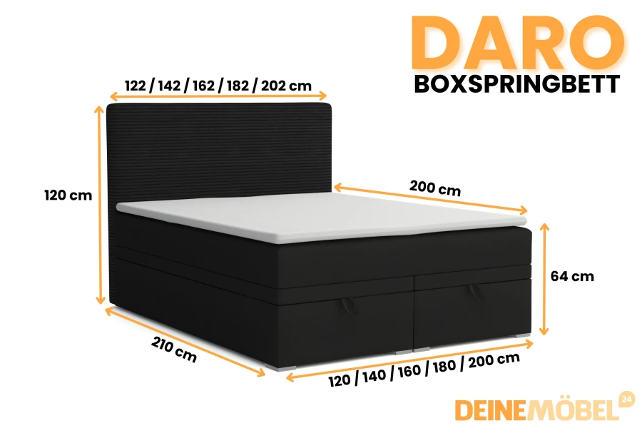 Maße für DARO Boxspringbett: Breiten von 120 bis 200 cm, Höhe 120 cm, Länge 210 cm.