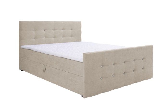 Beige Boxspringbett Carmen mit edler Knopfheftung und integriertem Bettkasten.