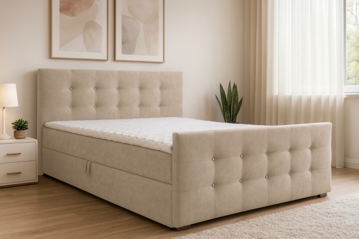 Elegantes Boxspringbett Carmen in Beige im modern eingerichteten Schlafzimmer.