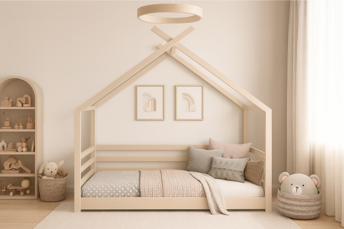 Modernes Kinderzimmer mit weißem Tipi-Bett, Holzregal und dezenter Wanddeko.