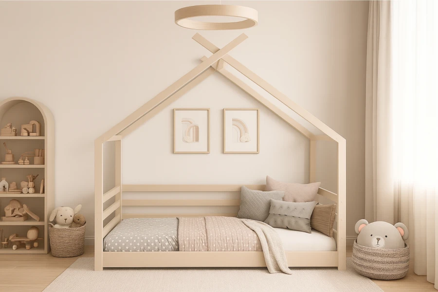 Modernes Kinderzimmer mit weißem Tipi-Bett, Holzregal und dezenter Wanddeko.