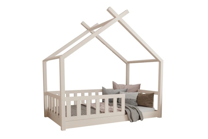 Weißes Kinderhausbett mit Lattenzaun-Rausfallschutz für zusätzliche Sicherheit.