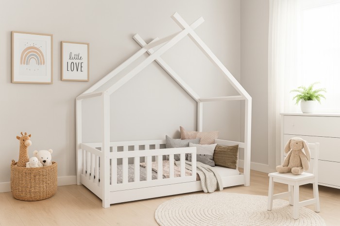 Hell eingerichtetes Kinderzimmer mit weißem Montessori Hausbett und skandinavischer Deko.