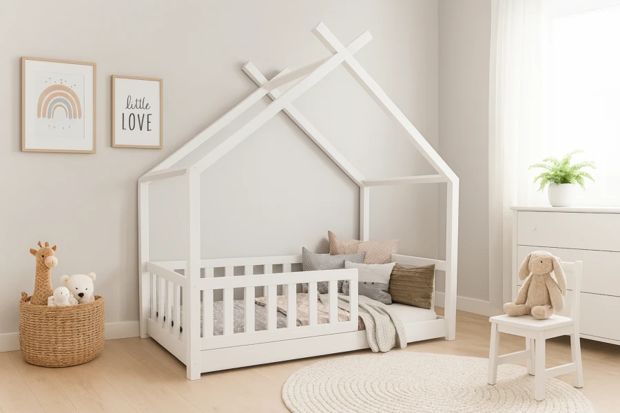 Hell eingerichtetes Kinderzimmer mit weißem Montessori Hausbett und skandinavischer Deko.