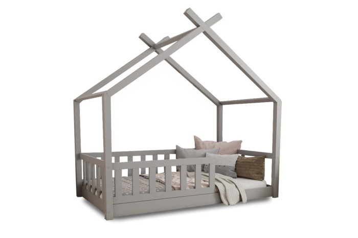 Graues Tipi-Hausbett für Kleinkinder mit Rausfallschutz, freigestellt auf weißem Grund.