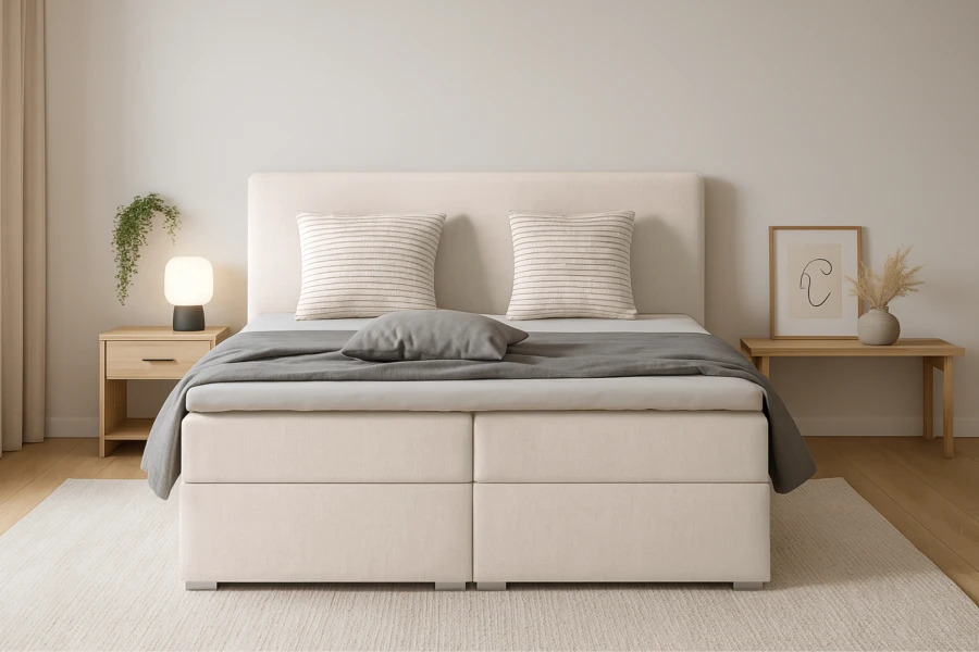 Bello Boxspringbett in Beige von vorne mit Kissen und Tagesdecke.