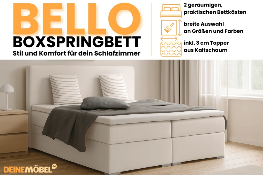 Vorteile des Bello Boxspringbetts: Stauraum, versch. Größen und Kaltschaum-Topper.