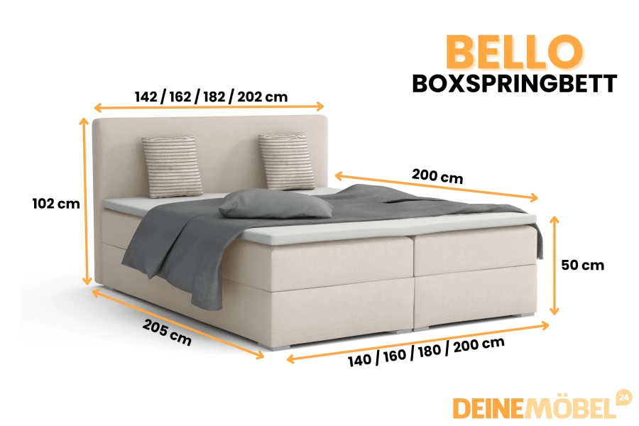 Detaillierte Maße und Abmessungen für das Boxspringbett Bello.