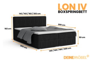 LON IV 200x200 Cord Poso 135 Schwarz Boxspringbett Komplettbett Polsterbett Cord-Samt Deine Möbel