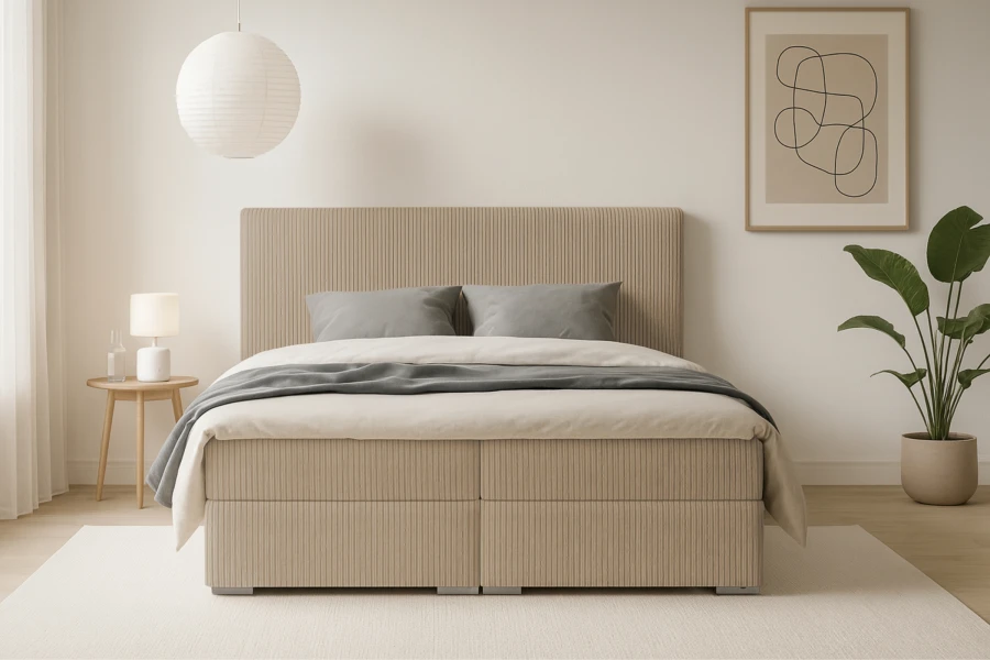 Vooraanzicht van een beige boxspringbed in een modern ingerichte slaapkamer met kamerplant.
