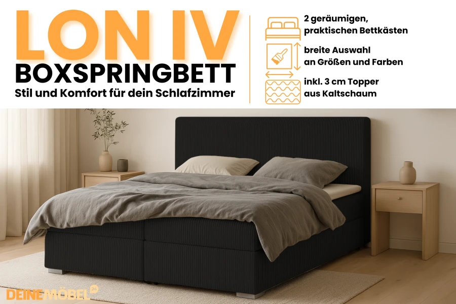 Infografik zum LON IV Boxspringbett mit Details zu Bettkästen und Kaltschaum-Topper.