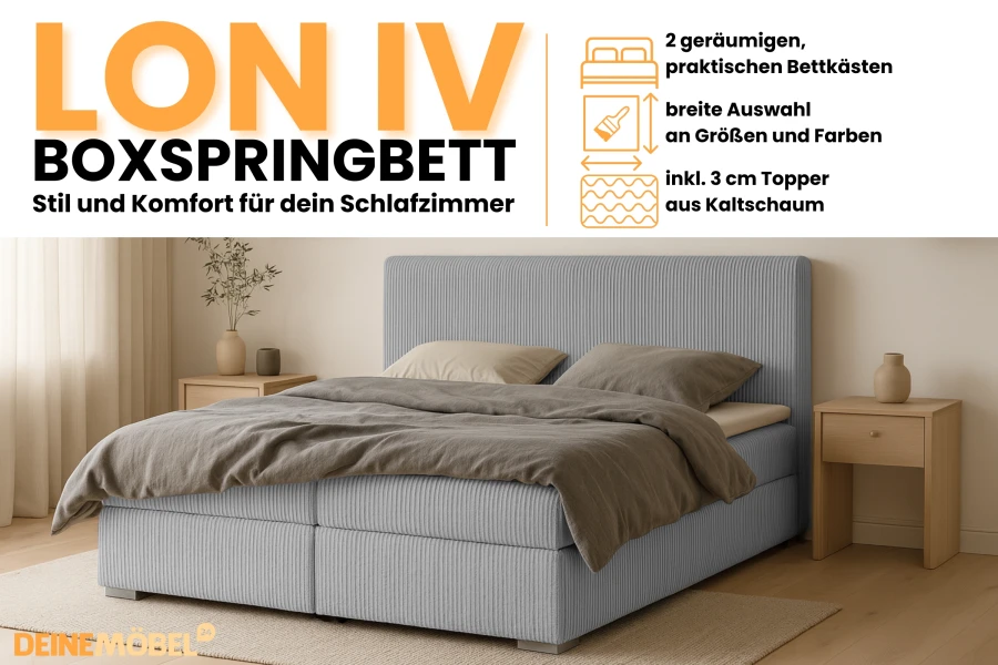 Produktinfo LON IV Boxspringbett mit Details zu Bettkästen, Topper und Farbauswahl.
