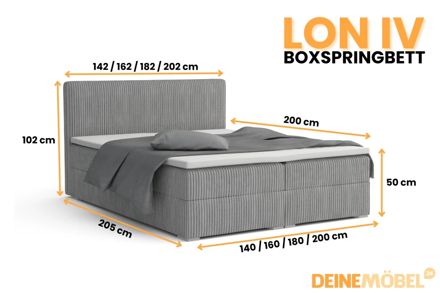 Abmessungen und Größenoptionen für das LON IV Boxspringbett mit Cord-Bezug.