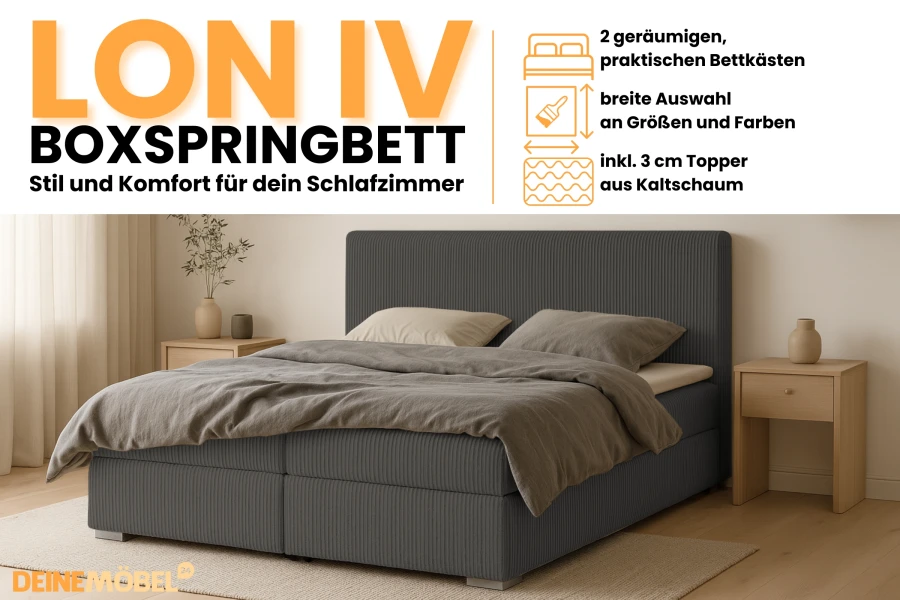Infografik zum LON IV Boxspringbett mit Highlights wie Bettkästen und Kaltschaum-Topper.
