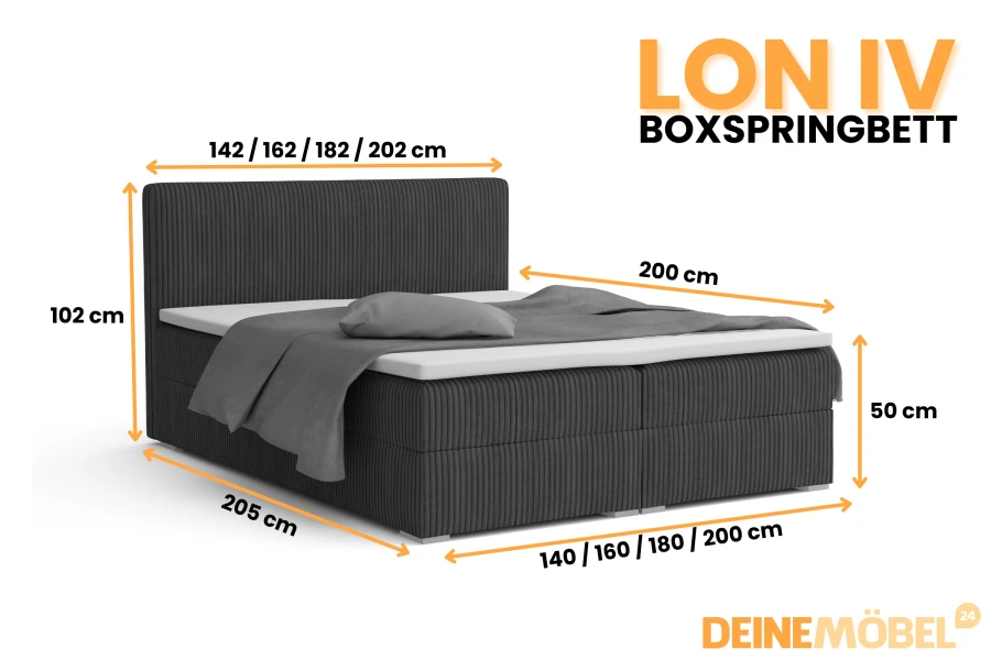 Maße des LON IV Boxspringbetts: Übersicht der verschiedenen Breiten und Höhen für die optimale Planung.