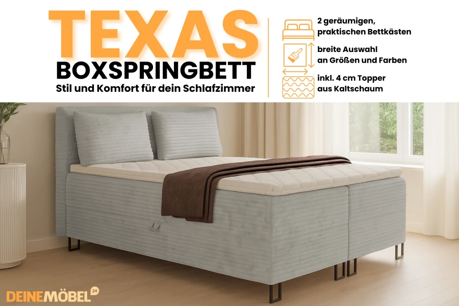 Texas Boxspringbett Infografik: Highlights wie Bettkästen, Farbauswahl und Kaltschaum-Topper.