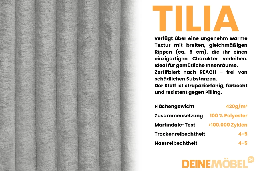 Nahaufnahme Tilia Rippenstoff in Grau: Strapazierfähiger, weicher Möbelstoff für Boxspringbetten.
