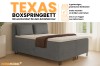 Texas Boxspringbett Infografik: Details zu Bettkasten, Farbauswahl und Kaltschaum-Topper.