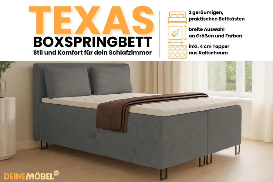 Texas Boxspringbett Infografik: Details zu Bettkasten, Farbauswahl und Kaltschaum-Topper.