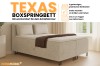 Infografik zum Boxspringbett Texas mit Details zu Bettkästen, Topper und Stoffauswahl.