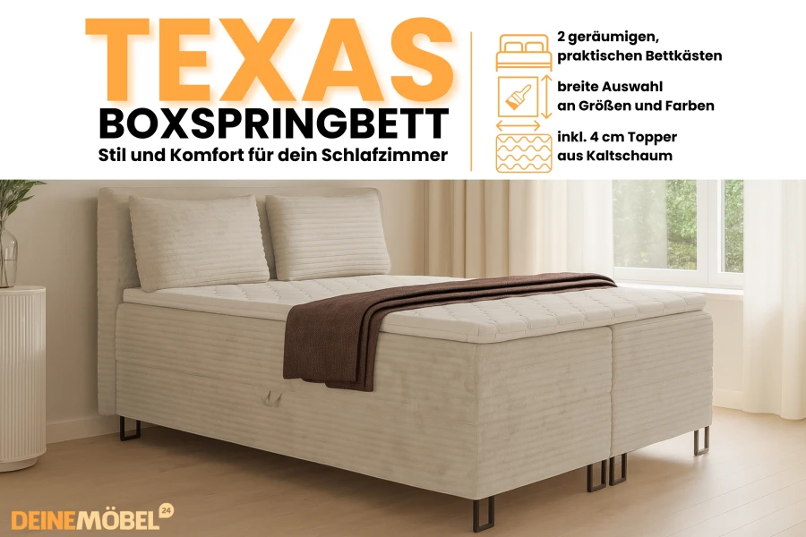 Infografik zum Boxspringbett Texas mit Details zu Bettkästen, Topper und Stoffauswahl.
