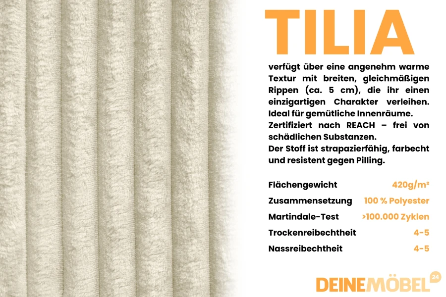 Nahaufnahme des Tilia-Bezugsstoffes mit Rippenstruktur und Materialeigenschaften.