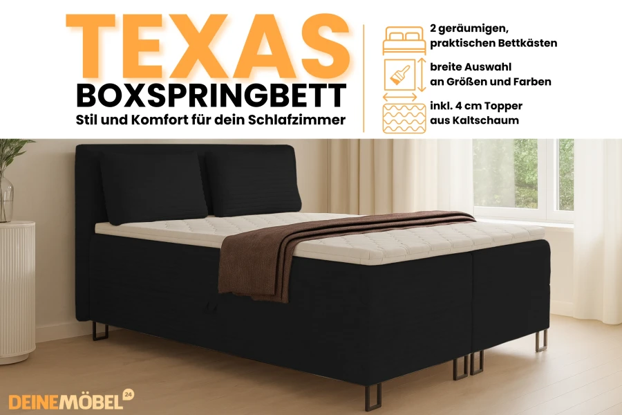 Modernes schwarzes Texas Boxspringbett mit Bettkasten und Kaltschaum-Topper im Schlafzimmer.