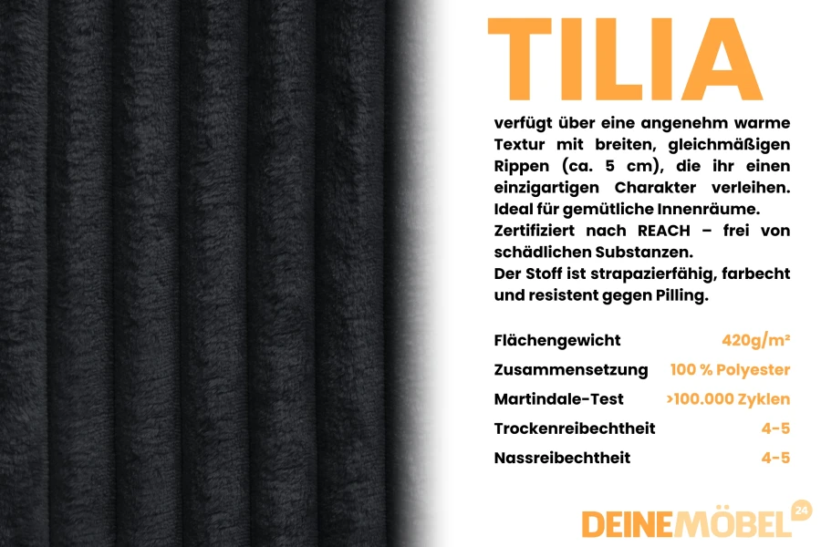 Detailansicht des Tilia Bezugstoffs in schwarzer Cord-Optik für Boxspringbetten.