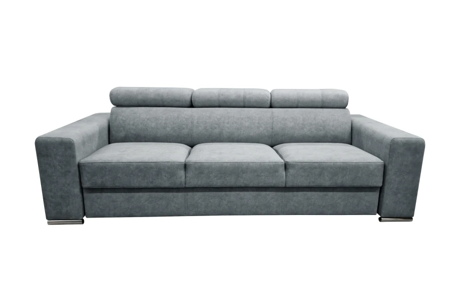 Graues 3-Sitzer Sofa mit verstellbaren Kopfstützen auf weißem Hintergrund.
