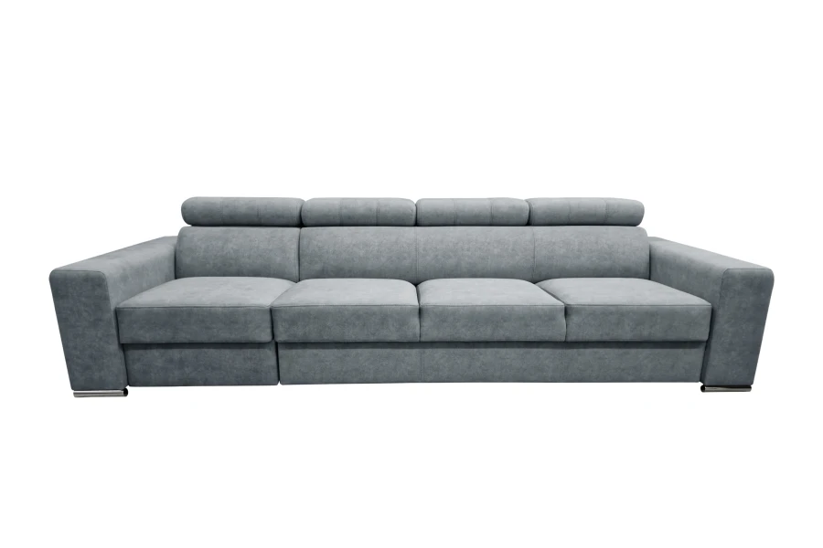 Großzügiges 4-Sitzer Sofa in Grau mit verstellbaren Kopfstützen vor weißem Hintergrund.