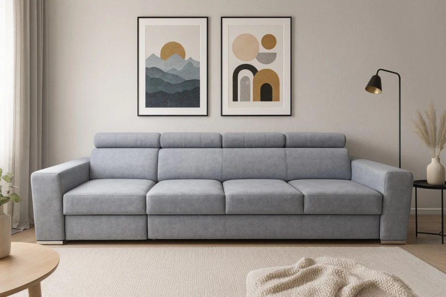 Modernes graues Sofa Elmo in einem stilvollen Wohnzimmer mit minimalistischer Dekoration.